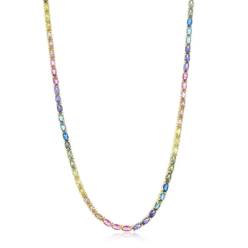 Sterling Silver Gold Plated Oval Rainbow CZ Necklace