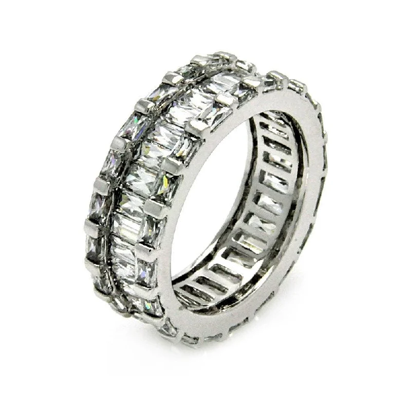 Customizable Engagement Bands-Silver 925 Rhodium Plated Clear Baguette Channel Set CZ Eternity Ring - BGR00405