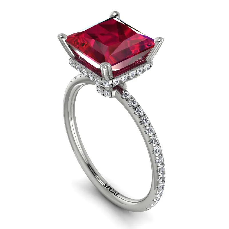 Trendy Engagement Ring Sets-Trendy Hidden Halo Ruby Princess Cut Engagement Ring - Daria No. 12