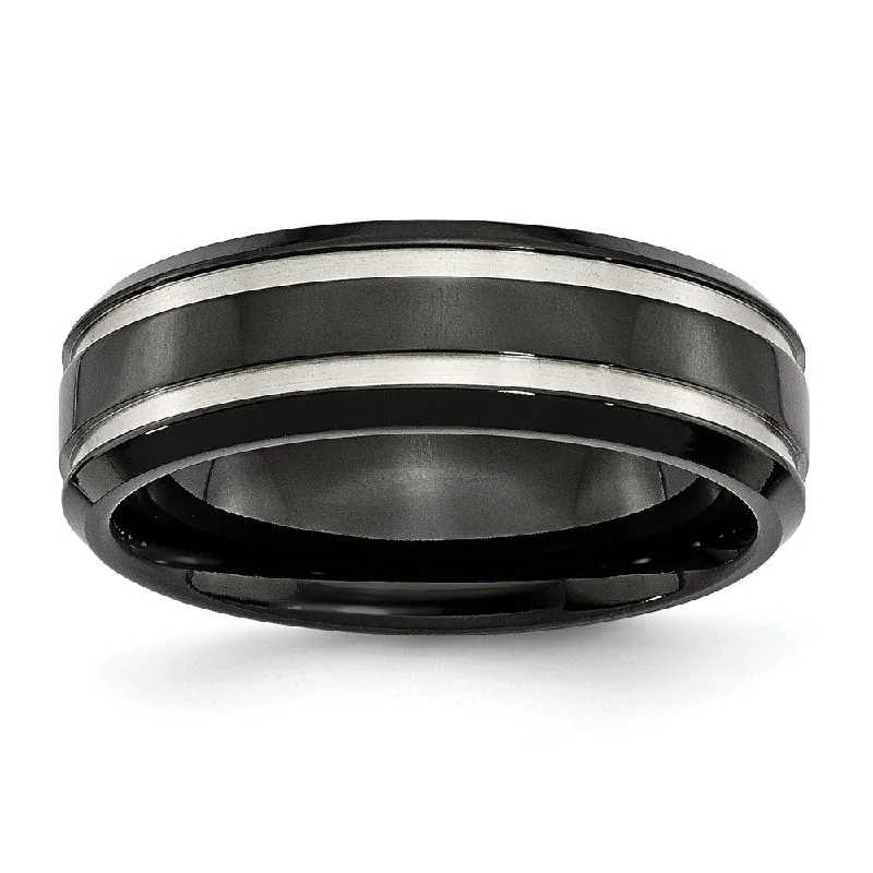 Luxury Engagement Rings-Black-Plated Titanium, 7mm Grooved Unisex Comfort Fit Band