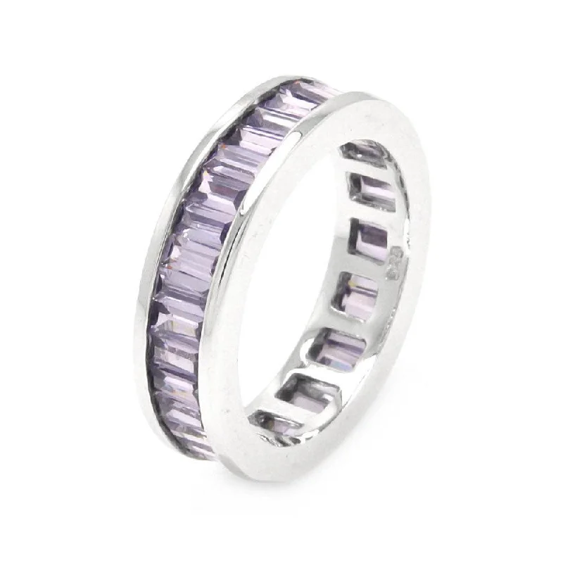 Elegant Silver Wedding Bands-Silver 925 Rhodium Plated Channel Set Purple Baguette CZ Eternity Ring - STR00124AMY