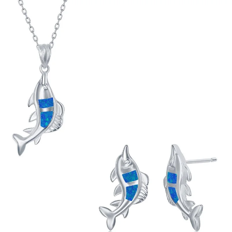 Women's Necklace and Earrings Set - Sterling Blue Inlay Opal Fish | SET-580