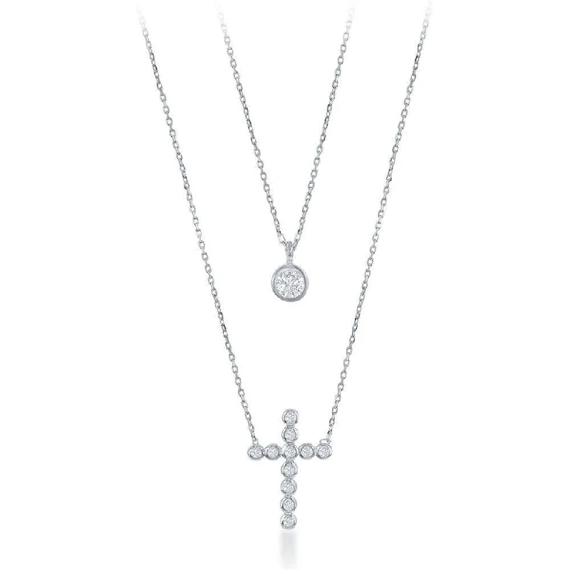 Sterling Silver Small CZ and Beaded Cross Double Strand Necklace