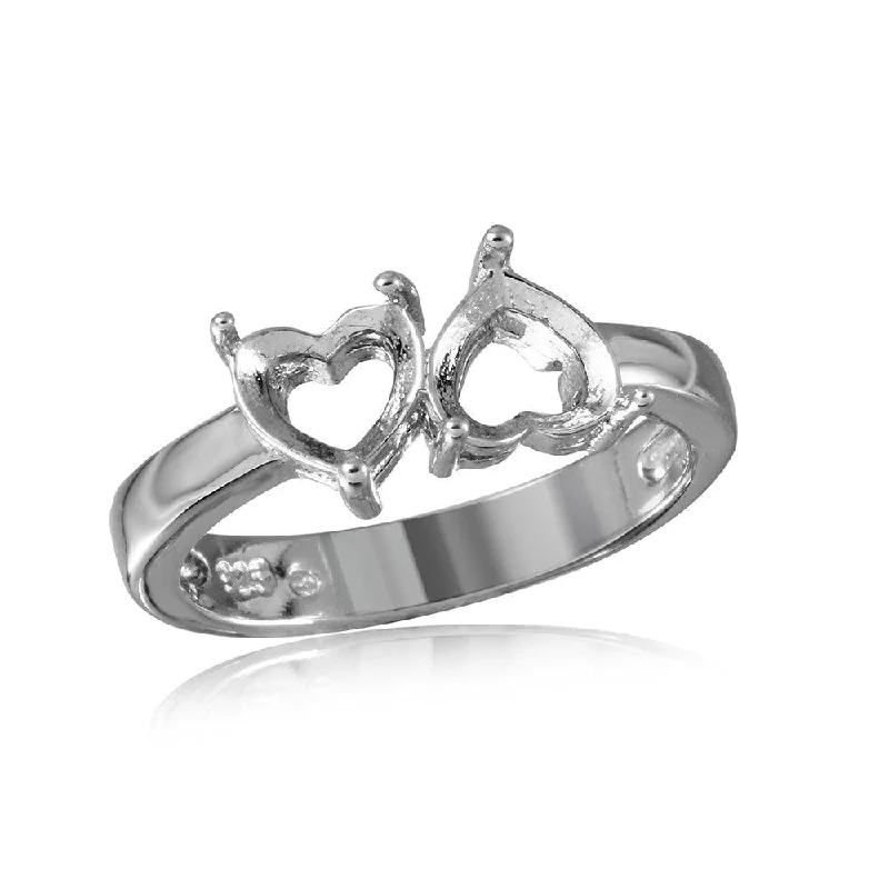 Adjustable Wedding Bands-Silver 925 Rhodium Plated Reversed Double Hearts Mounting Ring - BGR00499