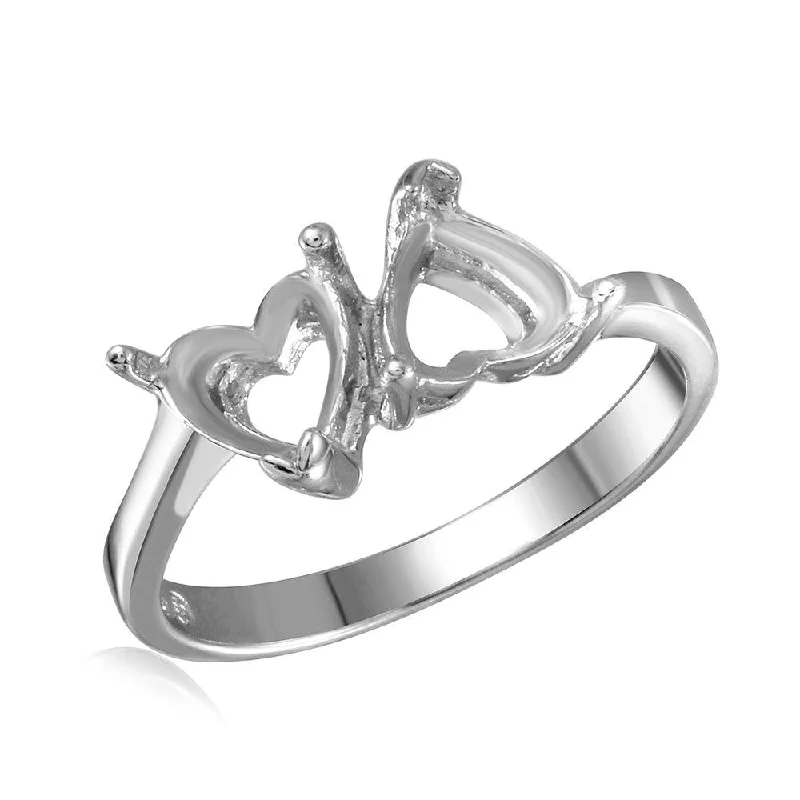 Unique Engagement Rings-Silver 925 Rhodium Plated Double Heart Mounting Ring - BGR00474