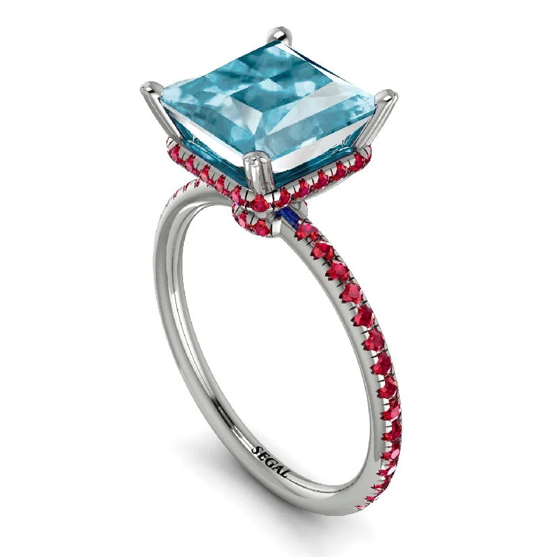 Designer Wedding Bands-Trendy Hidden Halo Aquamarine Princess Cut Engagement Ring - Daria No. 412