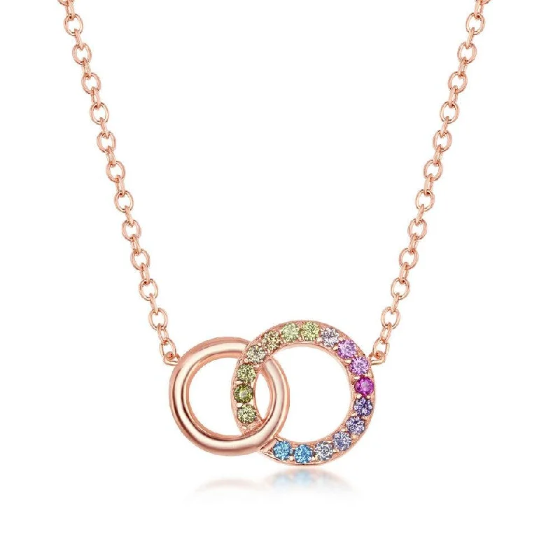 Sterling Silver Rainbow CZ Double Linked Circle Necklace - Rose Gold Plated