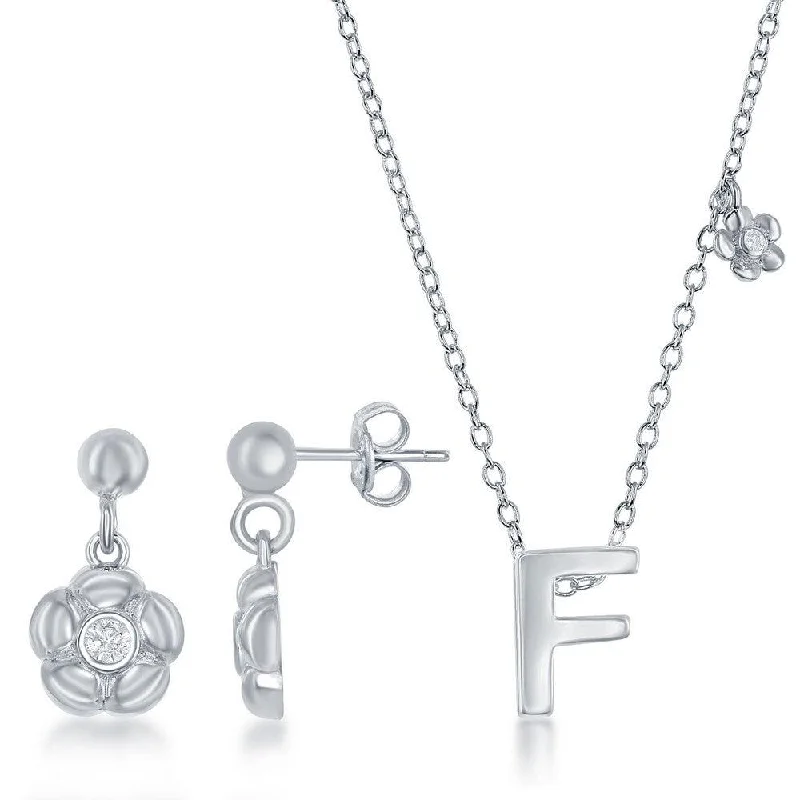 Sterling Silver Shiny "F" Necklace and Earrings Set