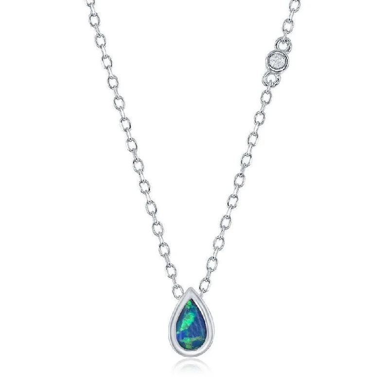 Sterling Silver Blue Inlay Opal Teardrop with Single CZ Necklace