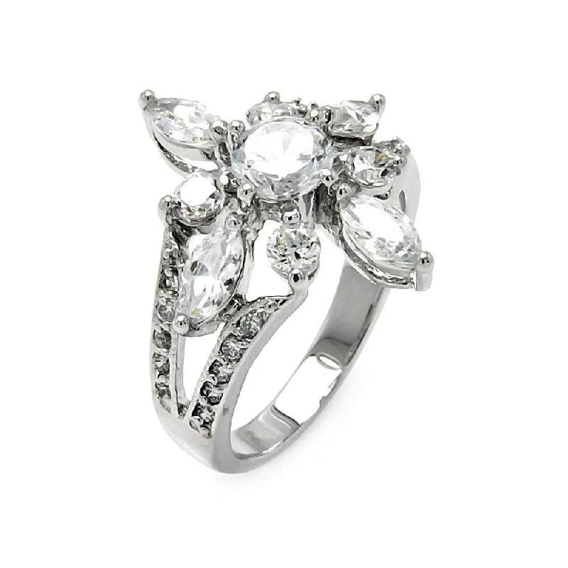 Vintage Style Rings-Silver 925 Rhodium Plated Clear Round and Marquise CZ Flower Ring - BGR00506