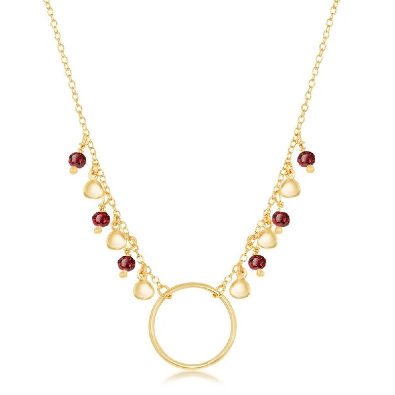 Sterling Silver Dangling Garnet & Discs with Open Circle Necklace