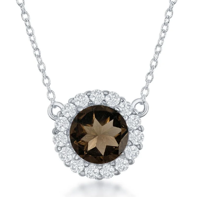 Sterling Silver Round Center Smoky with White Topaz Border Necklace