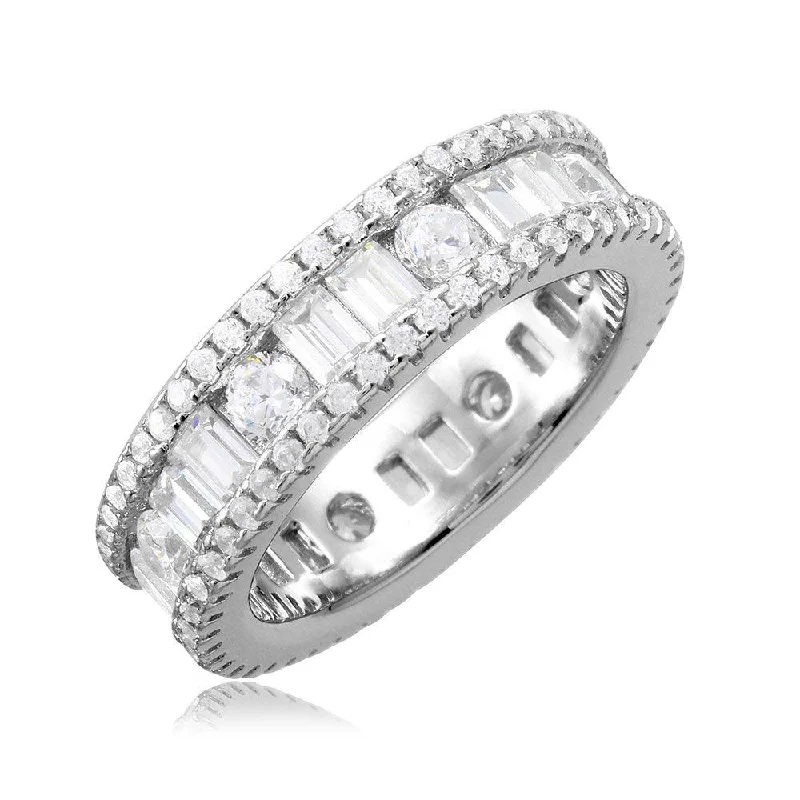 Customizable Diamond Rings-Silver 925 Rhodium Plated Eternity Band with Baguette CZ Stones - BGR01075