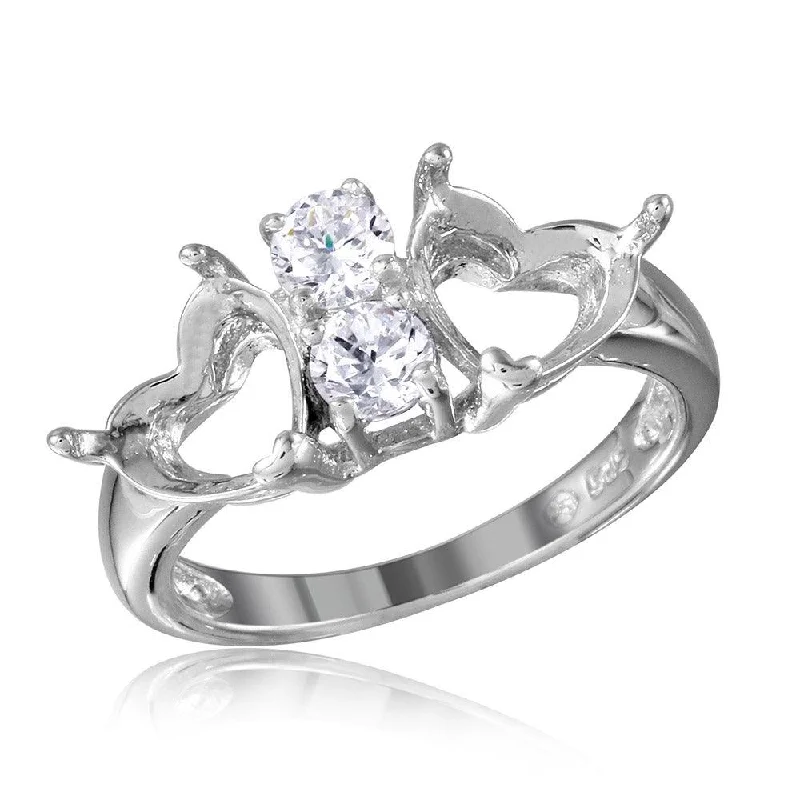 Unique Wedding Bands-Silver 925 Rhodium Plated Double Heart Mounting Ring Spite By CZ - BGR01059