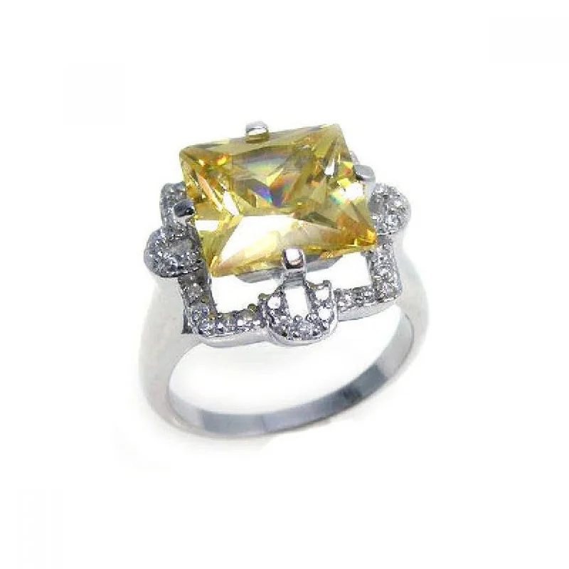 Unique Solitaire Rings-Silver 925 Rhodium Plated Yellow Princess Cut Center and Clear CZ Ring - STR00539