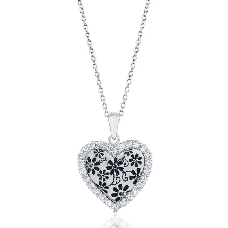 Sterling Silver CZ Border Heart with Flower Design Necklace