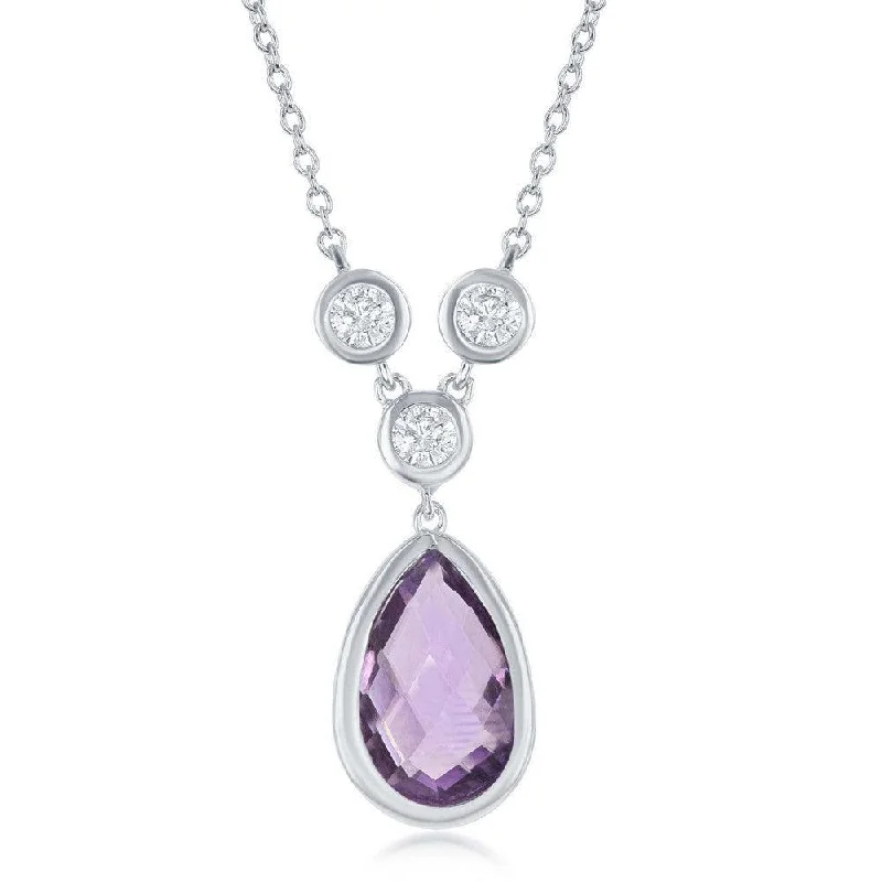 Sterling Silver Amethyst Teardrop with Three White Topaz Necklace