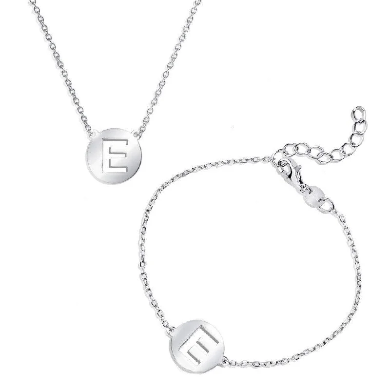 Sterling Silver Shiny 'E' Disc Initial Bracelet and Necklace Set