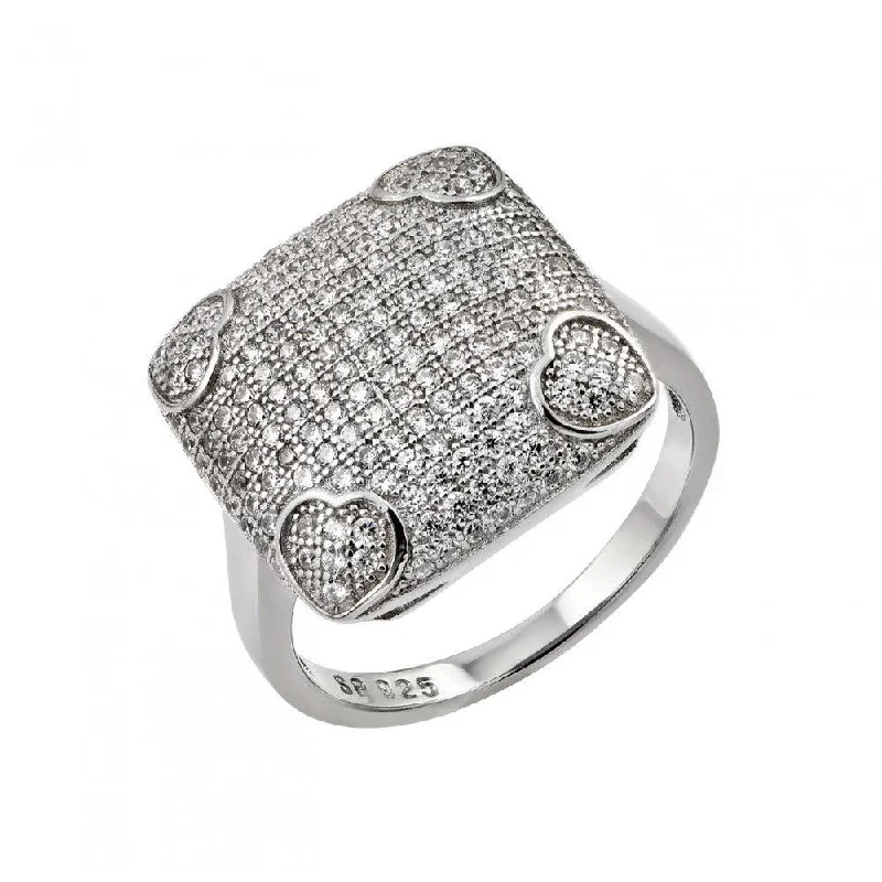 Stylish Wedding Rings-Silver 925 Rhodium Plated Clear Micro Pave CZ Heart Square Ring - STR00959