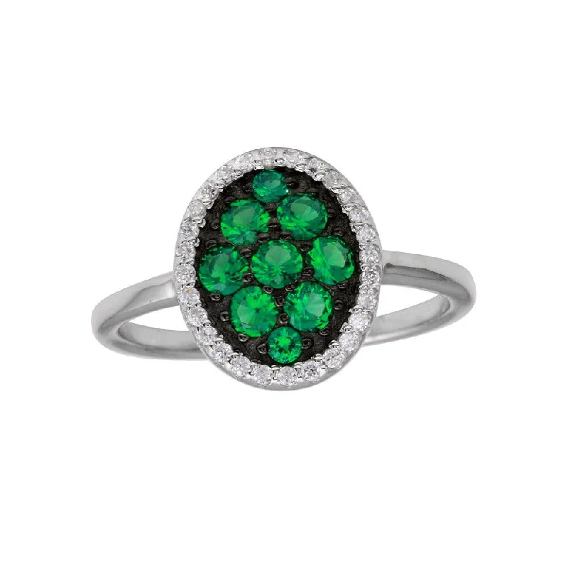 Colorful Wedding Rings-Rhodium Plated 925 Sterling Silver Oval Ring with Green and Clear CZ - BGR01233GRN