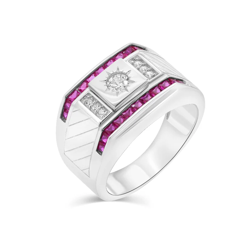 Antique Style Wedding Rings-Rhodium Plated 925 Sterling Silver Men's Rectangle Sun Ruby and Clear CZ 13.7mm x 14.5mm Ring - GMR00413