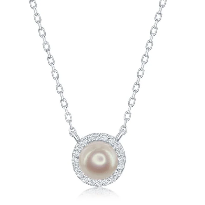 Sterling Silver Pearl with Cubic Zirconia Border Necklace