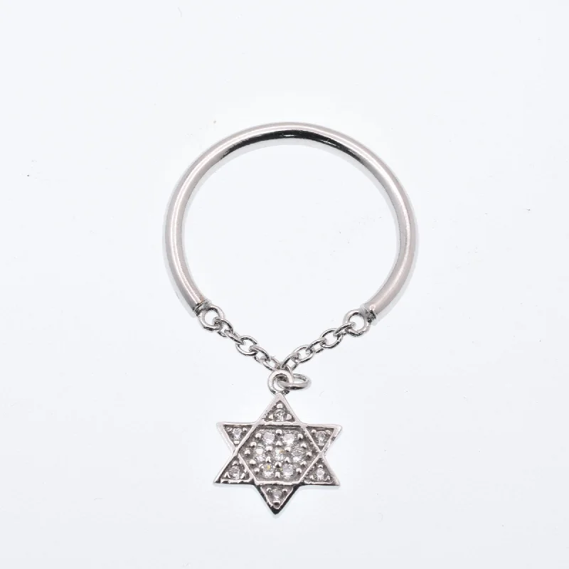 Unique Gold Rings-925 Sterling Silver Nickel Free Rhodium Plated Half Ring Chain Dangling Star of David Clear CZ Ring - STR01013