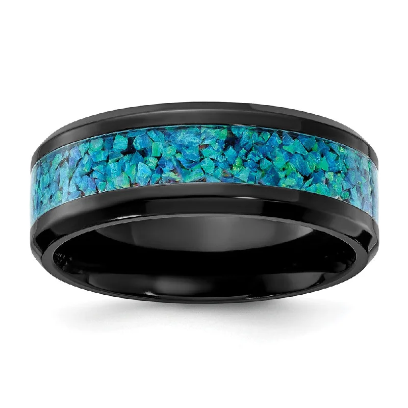 Affordable Engagement Rings-8mm Black Zirconium Blue Imitation Opal Inlay Standard Fit Band