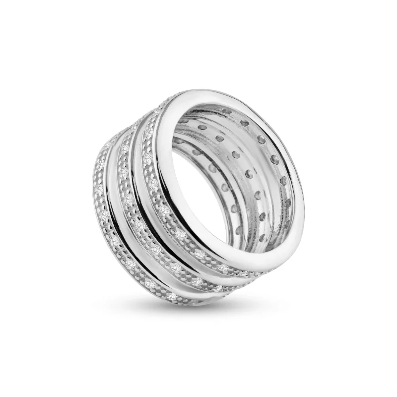 Custom Wedding Rings-Silver 925 Rhodium Plated CZ Thick Channel Ring - STR00548