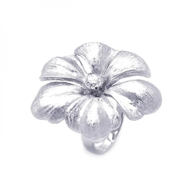 Antique Gold Rings-Silver 925 Rhodium Plated Matte Finish Single CZ Flower Ring - STR00820