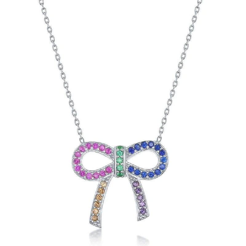 Sterling Silver Rainbow Cubic Zirconia Bow knot Necklace