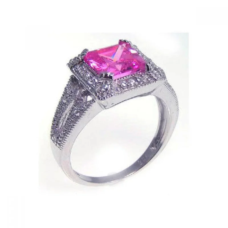 Matching Gold Wedding Rings-Silver 925 Rhodium Plated Princess Cut Pink and Clear Cluster CZ Ring - STR00534