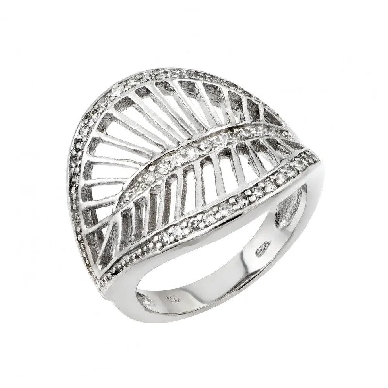 Colored Diamond Rings-Silver 925 Rhodium Plated Clear CZ Filigree Leaf Ring - STR00972