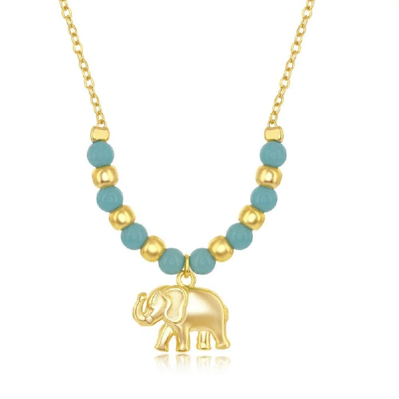 Sterling Silver GP Turquoise & Plain Bead Elephant Charm Necklace