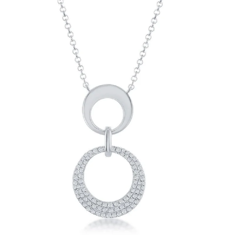 Sterling Silver Shiny and Micro Pave Open Circle Necklace