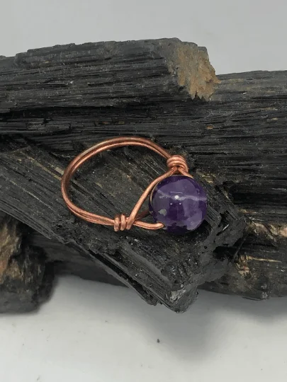 Unique Wedding Ring Bands-Amethyst Copper Bead Ring