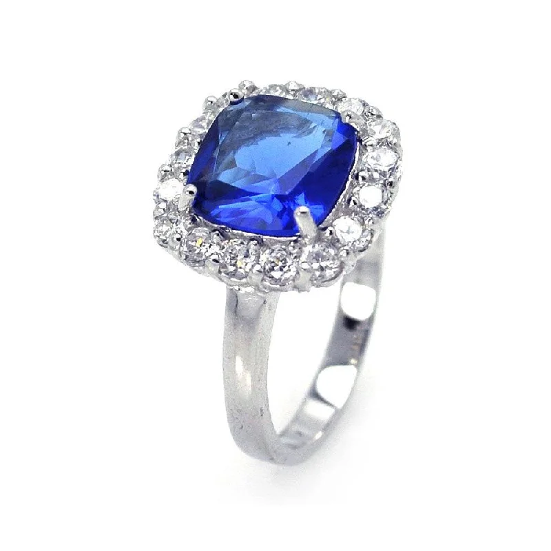 Sapphire Engagement Rings-Silver 925 Rhodium Plated Blue Center Clear Cluster CZ Ring - STR00381BLU