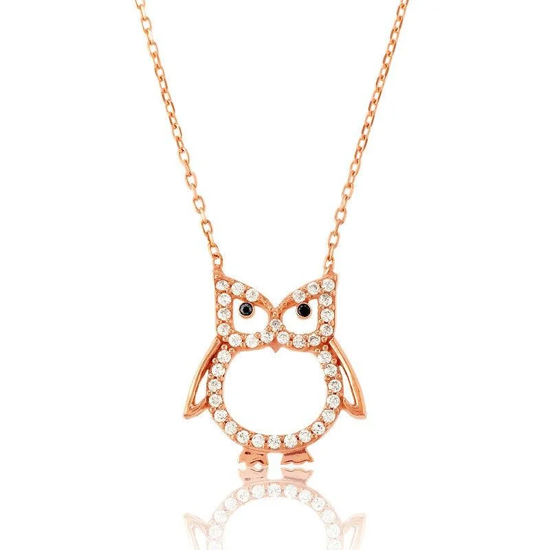 Sterling Silver Rose Gold CZ Open Owl Necklace