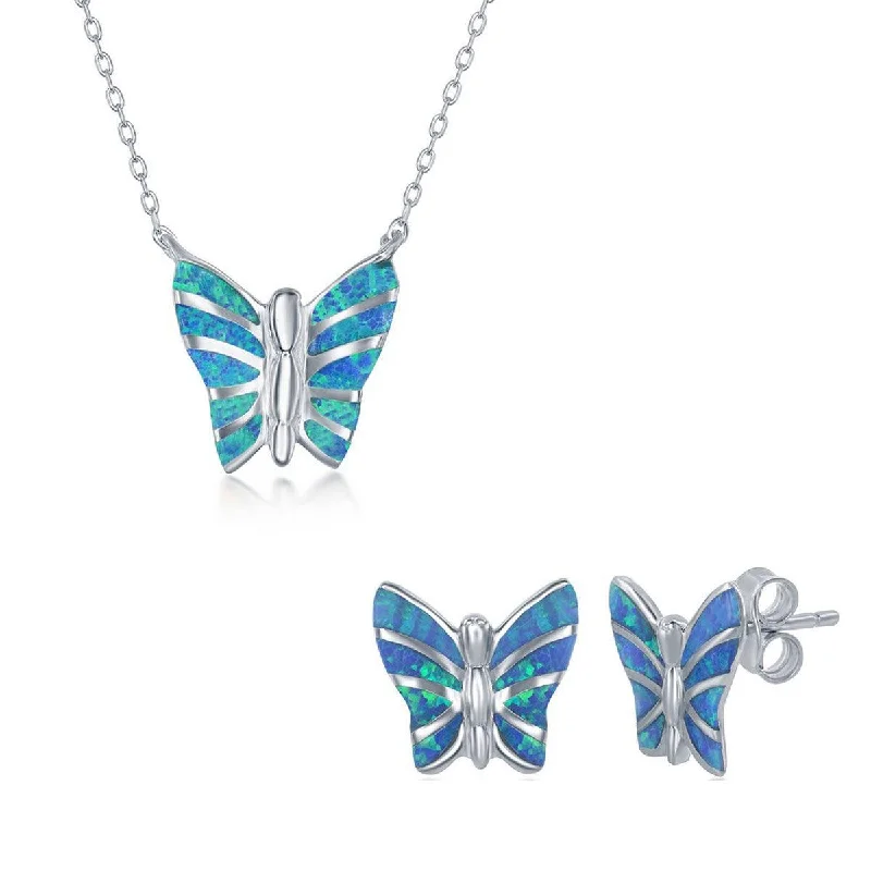 Women's Necklace and Earrings Set - Sterling Blue Opal Butterfly | SET-574