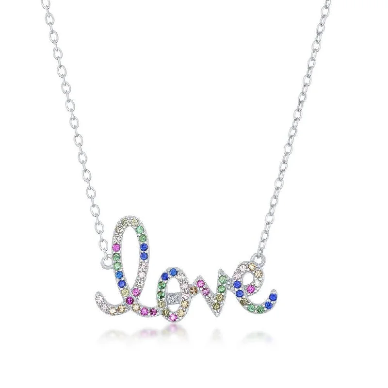 Sterling Silver Rainbow Cubic Zirconia 'Love' Script Necklace