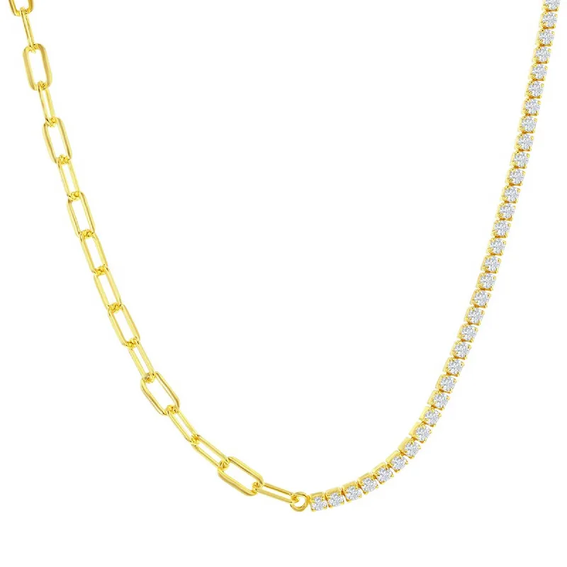 Classic Women's Necklace - Gold Plated Half 3mm Paperclip and 2mm Tennis | M-7117-GP