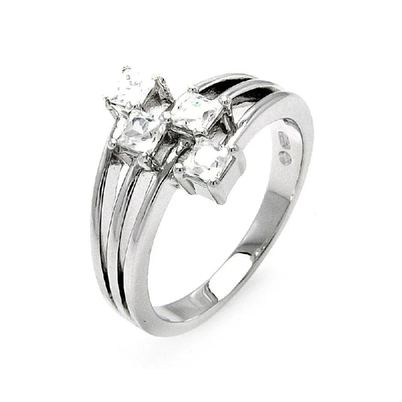 Fashionable Statement Rings-Silver 925 Rhodium Plated Multiple Square Clear CZ 4 Row Ring - BGR00503