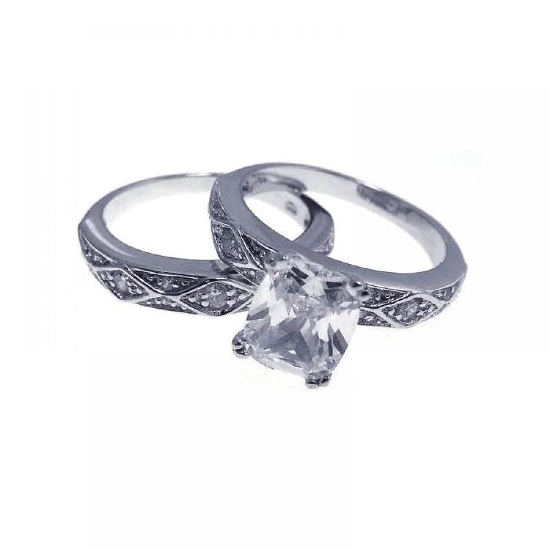 Vintage Style Diamond Rings-Silver 925 Rhodium Plated CZ Ornate Ring Set - STR00485