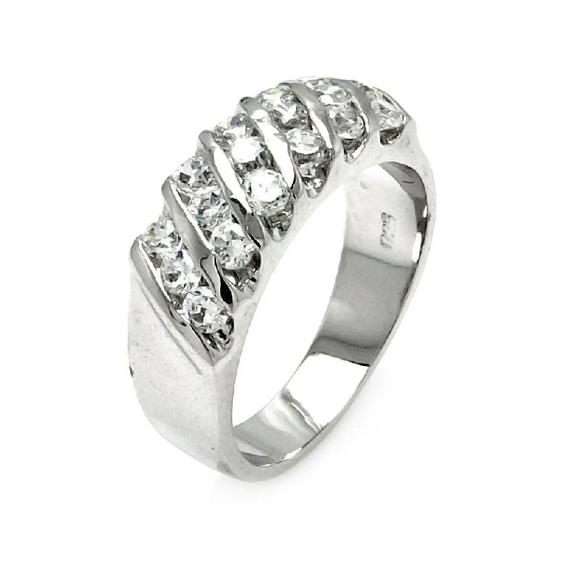 Sparkling Diamond Rings-Silver 925 Rhodium Plated Clear Round CZ Stripe Ring - BGR00561