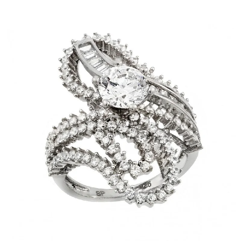 Stylish Adjustable Rings-Silver 925 Rhodium Plated Clear Baguette Round Center CZ Ornate Wrap Ring - GMR00003