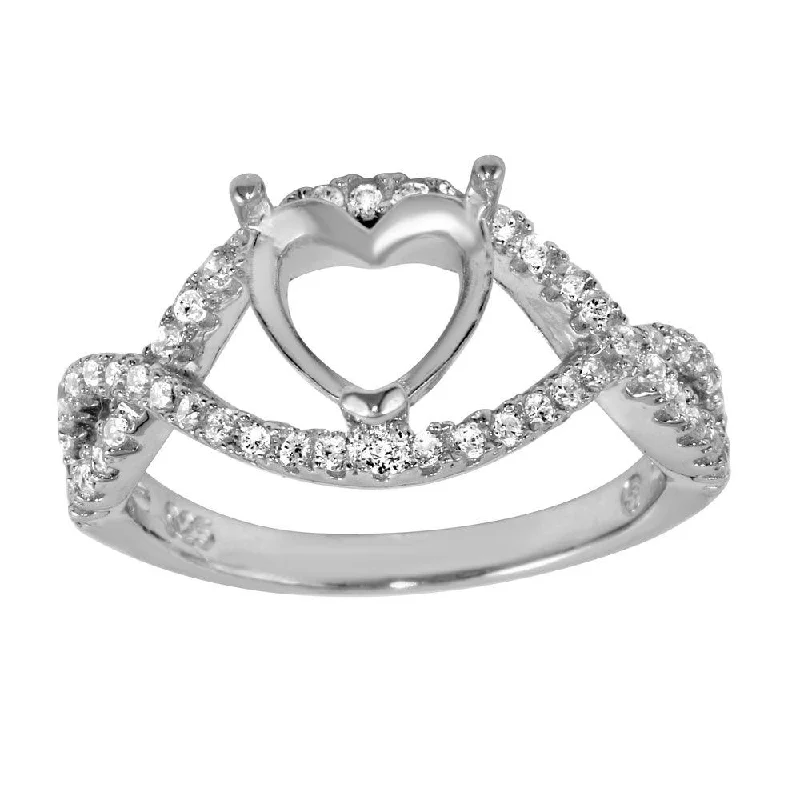 Custom Bridal Rings-Rhodium Plated 925 Sterling Silver Twisted Center Mounting for Heart Stone Ring with CZ - BGR01060