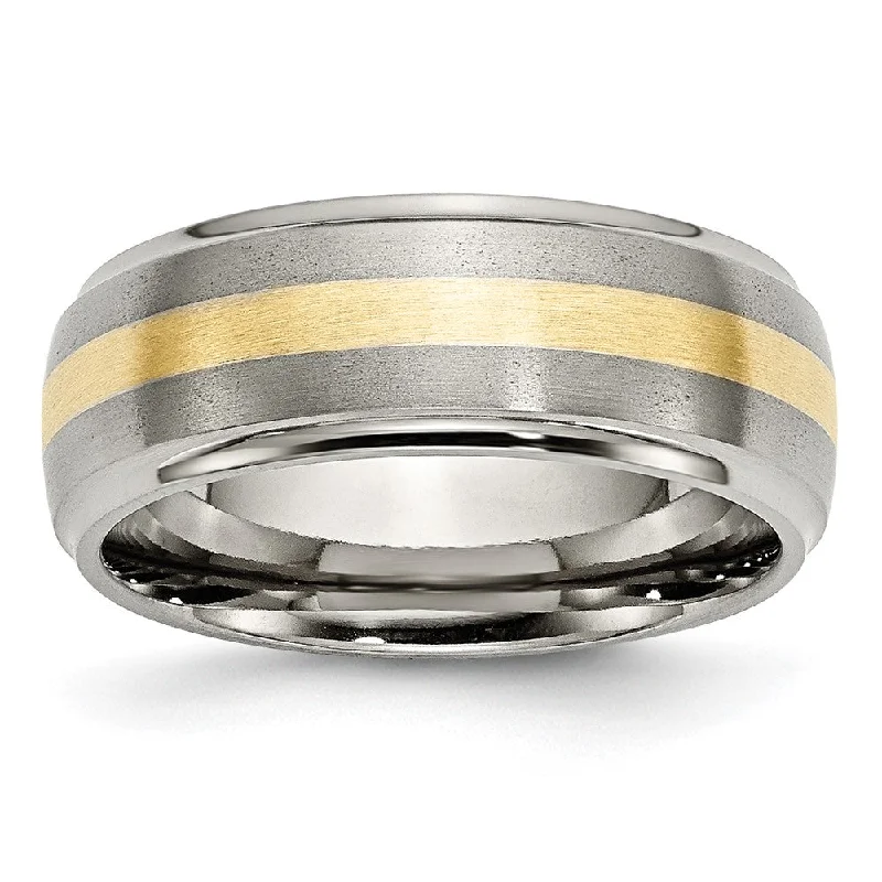 Classic Silver Engagement Rings-Mens 8mm Titanium & 14k Gold Inlay Domed Ridged Edge Standard Fit Band