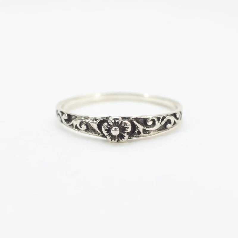 Dainty Wedding Bands-Thin Silver Flower Stack Ring