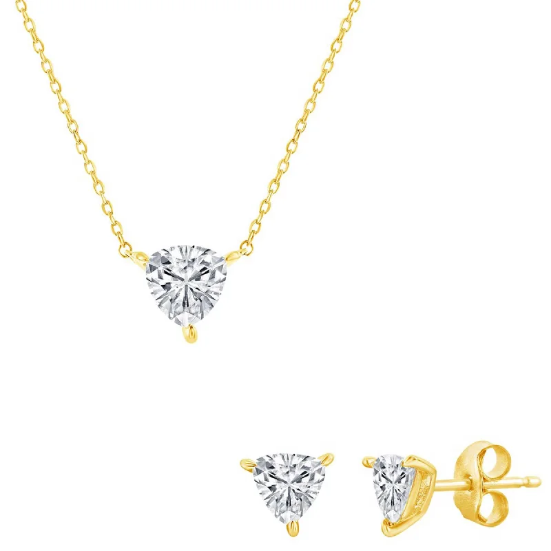 Classic Women's Necklace and Earrings Set - Gold Solitaire Trillion CZ | SET-616