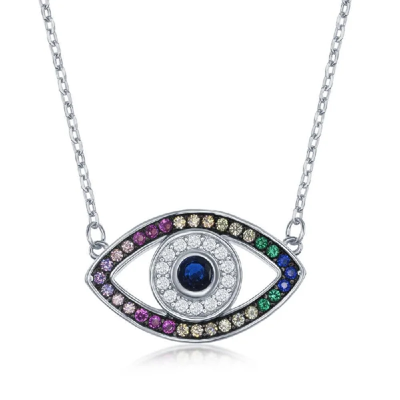 Sterling Silver Rainbow Cubic Zirconia Evil Eye Necklace